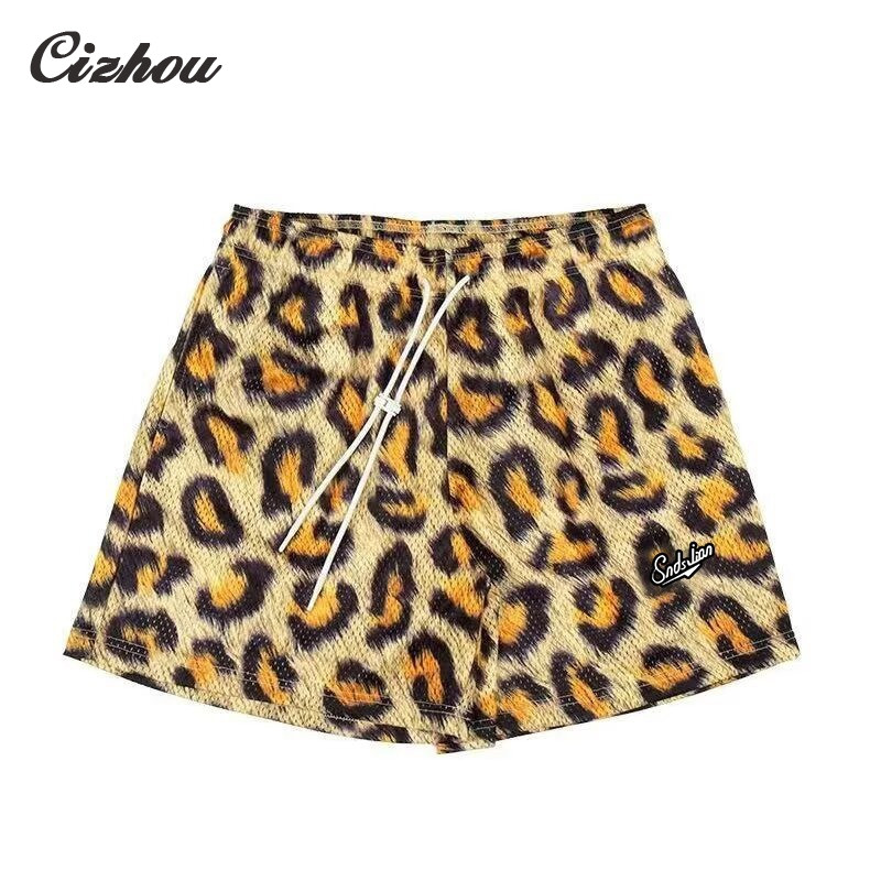 กางเกงขาสั้นลายเสือดาว Unisex แห้งเร็ว ทรงหลวม เหมาะสำหรับทุกวัย