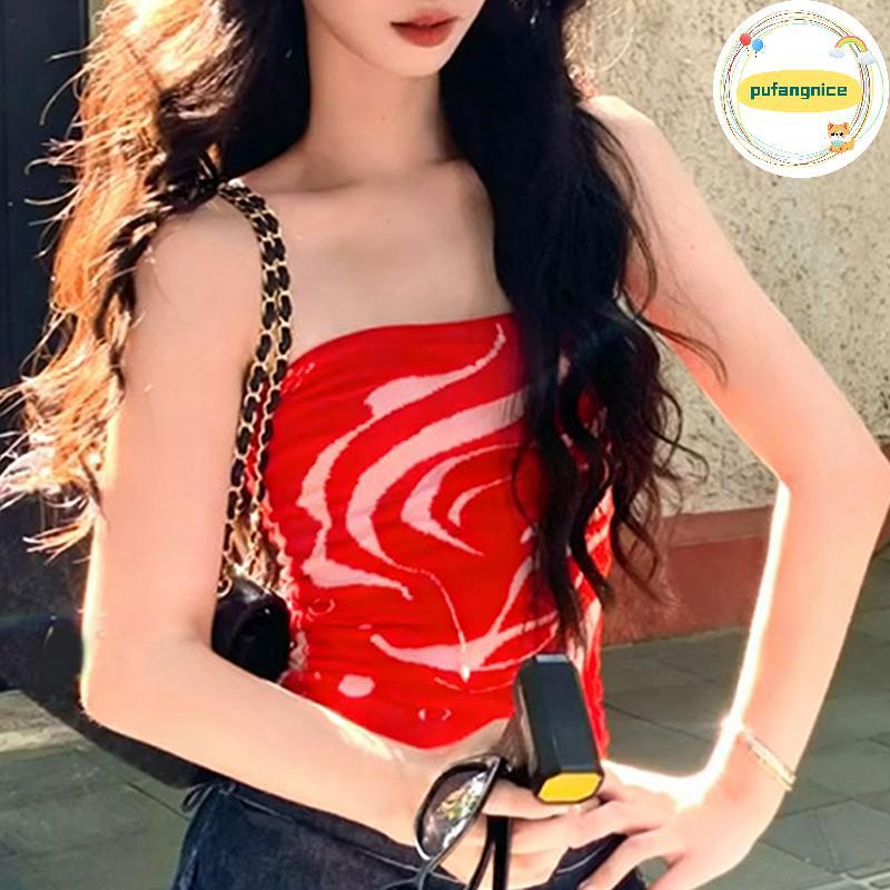 Pufangnice Y2k Tie-dye เสื้อกั๊กแขนสั้น Top Strapless ตาข่าย Halter Tops แขนกุด Bandeau เสื้อกล้าม G
