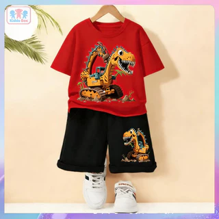 ชุดเสื้อ+กางเกงขาสั้นเด็กชาย ลายไดโนเสาร์รูปรถขุดสีเหลือง สไตล์เท่ห์ๆ คุณภาพดี ใส่สบาย