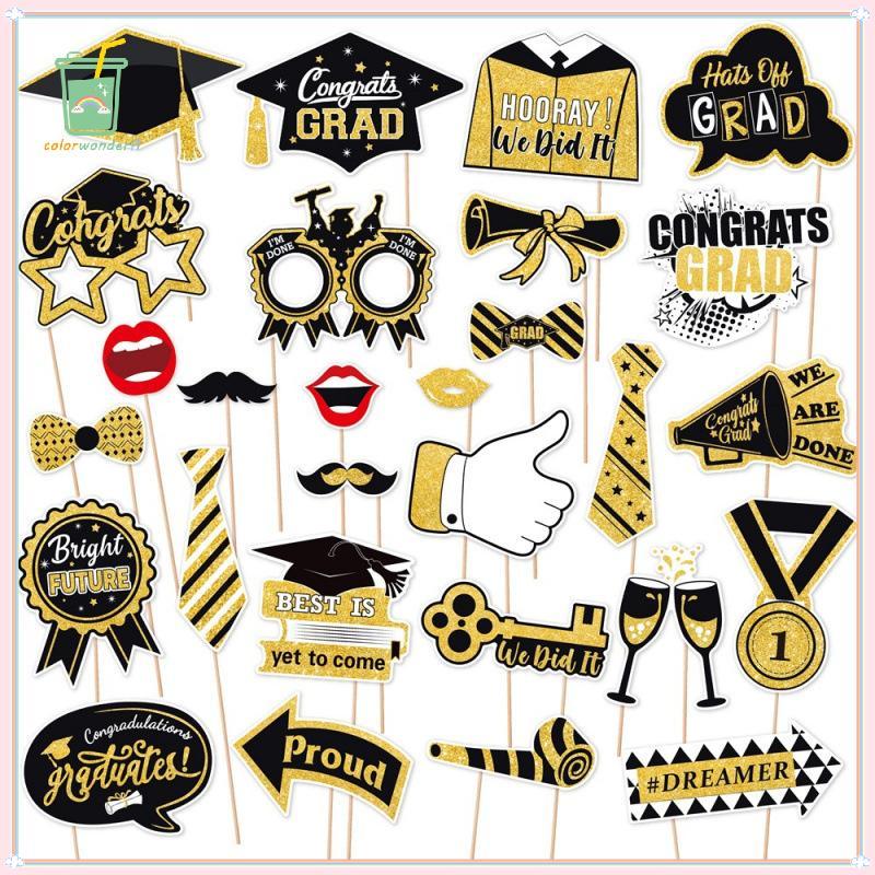 [สี] 28 ชิ้นจบการศึกษา Photo Booth Props ชุด, DIY ตกแต่งการถ่ายภาพจบการศึกษา Party Pose ป้ายสําหรับผ