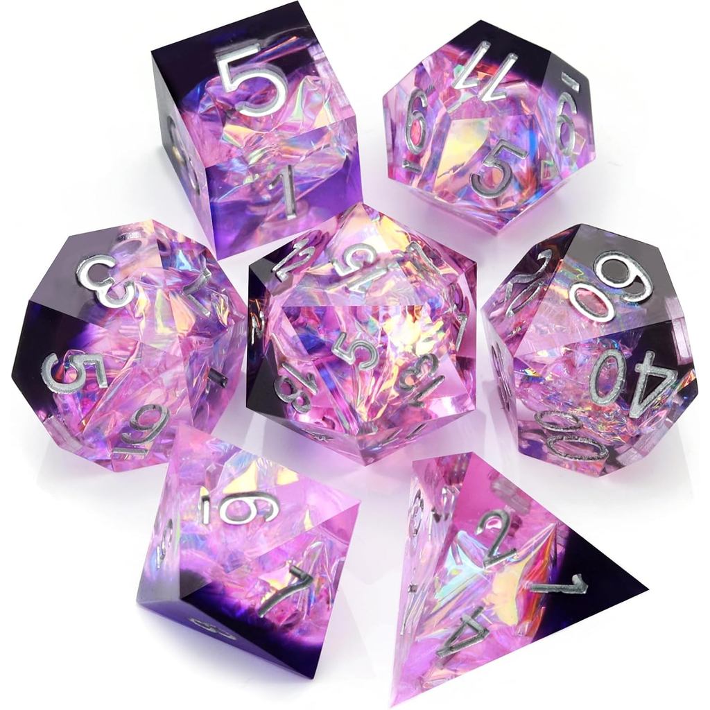 Haxtec DND ลูกเต๋าชุด Sharp Edge เรซิ่นลูกเต๋าพร้อมลูกเต๋ากรณีสีม่วง D&D Polyhedral ลูกเต๋าสําหรับ T