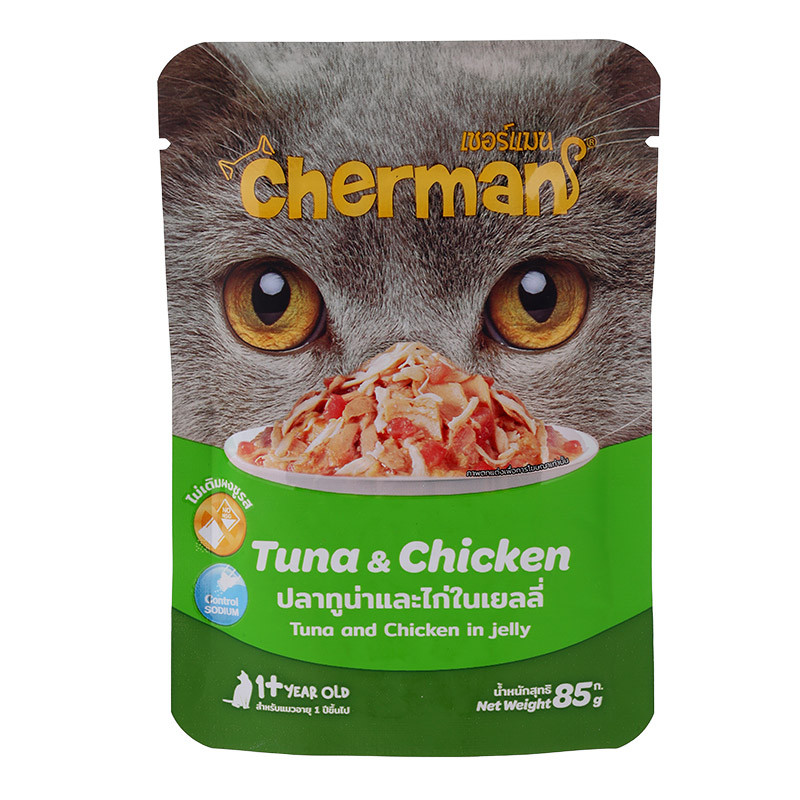 เชอร์แมนอาหารแมวปลาทูน่าและไก่ในเยลลี่ 85ก Cherman Cat Food Pouch Tuna and Chicken In Jelly 85g [885