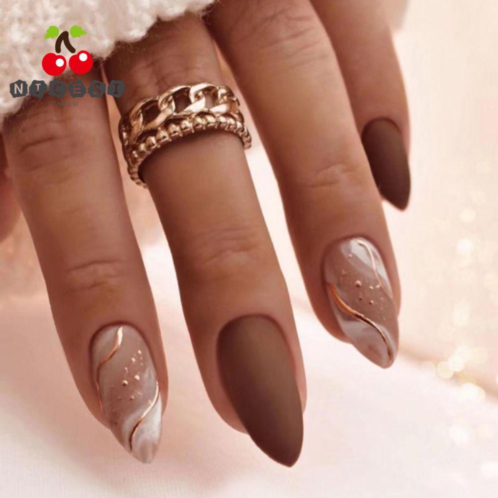 NICESI Fake Nials, Elegant Rose Red Gradient เล็บปลอม, ทําเล็บมือที่ถอดออกได้ยาวอัลมอนด์เล็บฝรั่งเศส