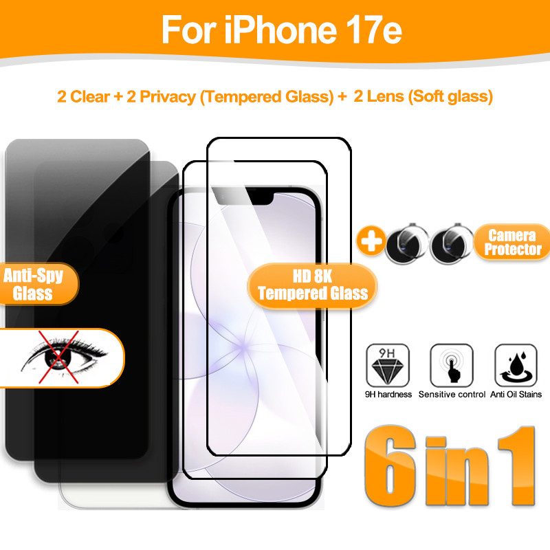 6 IN 1 ฟิล์มความเป็นส่วนตัวสําหรับ iPhone 17e ฟิล์มกระจกนิรภัยสําหรับ iPhone 17e 17 Pro Max Air 16 P