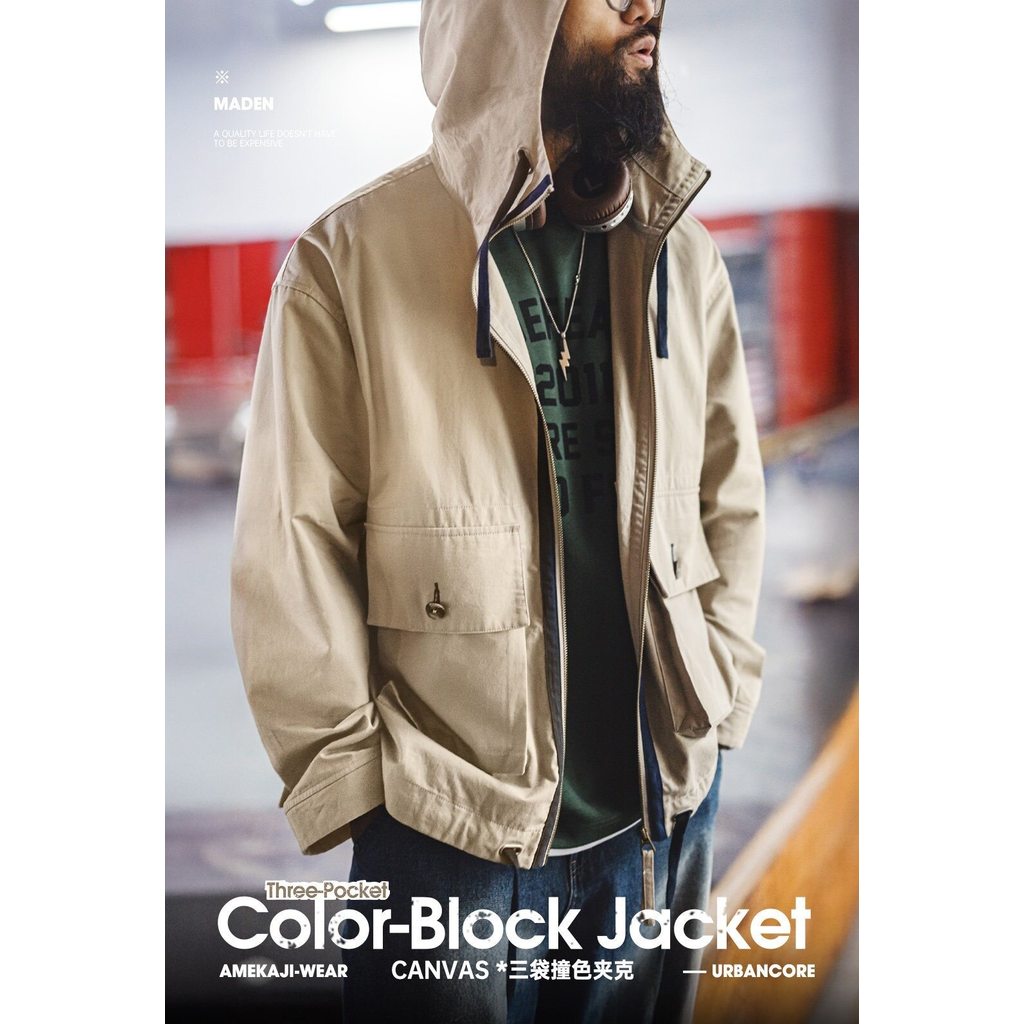 Retro Mens American Retro Cotton Canvas Jacket Khaki Multi-Pocket Stand Collar Hooded Thin Workwear Coat Spring — صورة 6