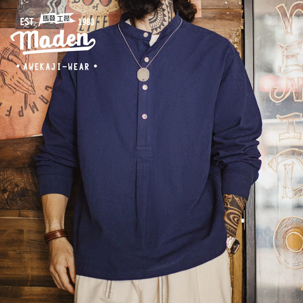 Retro Mens Spring American Retro Small Stand Collar Long Sleeve Shirt Navy Blue 100% Cotton Mock Neck T-Shirt
