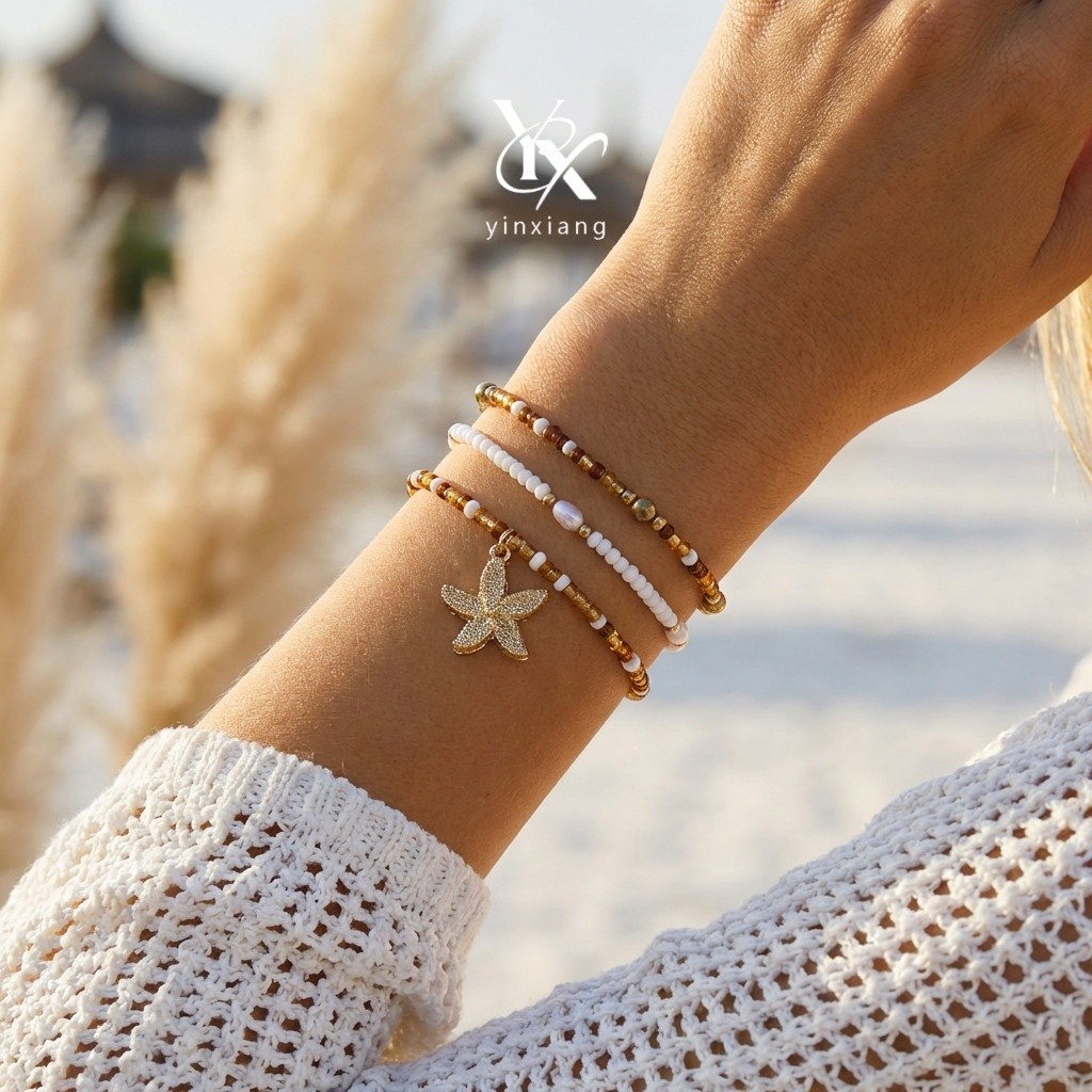 YX ปลาดาวเมล็ดสร้อยข้อมือลูกปัดชุด 3 ชิ้น Y2K ชายหาดวันหยุดอินเทรนด์เกาหลีแฟชั่นชุดเครื่องประดับ Par