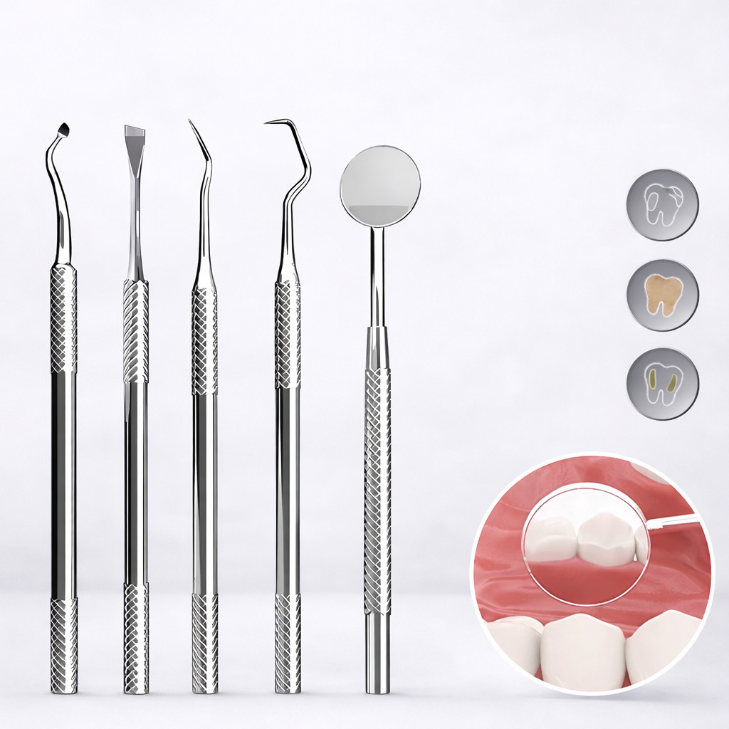 DENTAL KIT ชุดขูดหินปูน เซ็ตเครื่องมือทำความสะอาดฟัน 5 ชิ้น พร้อมกระจกส่องฟัน อุปกรณ์ดูแลช่องปากสแตนเลส