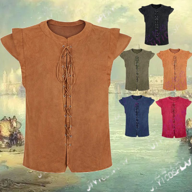 VEST สไตล์ไวกิงหนัง suede คาดเชือก เสื้อกั๊กผู้ชาย สำหรับคอสเพลย์และละครเวที
