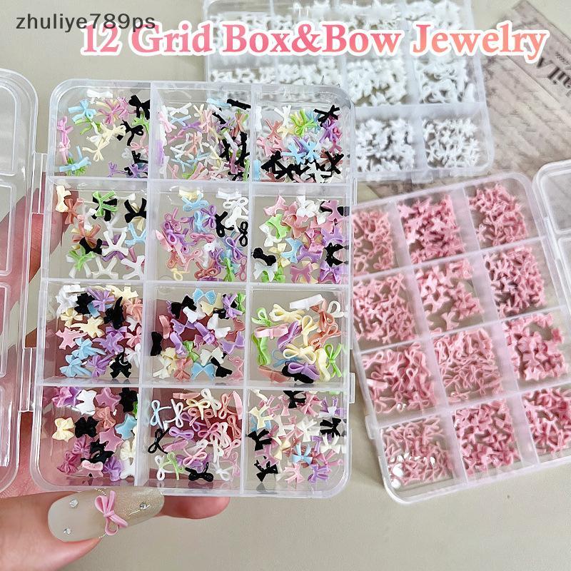 Zhuliye789ps] 12 กริดสีสัน Bowknot ชุดเรซิ่นริบบิ้นตกแต่งเล็บอุปกรณ์เสริม DIY แต่งเล็บ Mini เล็บอัญมณีใหม่