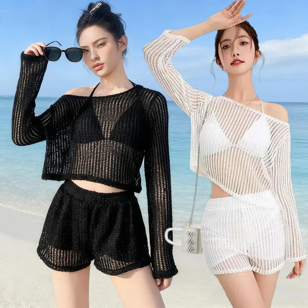 ชุดรอมปิ้งผ้าตาข่ายผู้หญิง 3 ชิ้น สีดำและสีขาว แขนเปิด ไว้วิธีแห้ง ป้องกันแสงแดด
