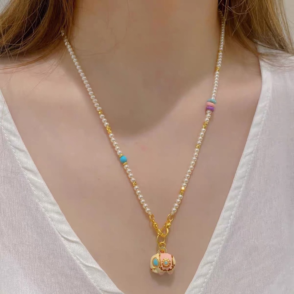 สร้อยข้อมือ ไข่มุก โดปามีน สีช้างมงคลสร้อยคอ ซอก ออกแบบสีชมพูเสื้อกันหนาวโซ่เครื่องประดับของขวัญหญิง