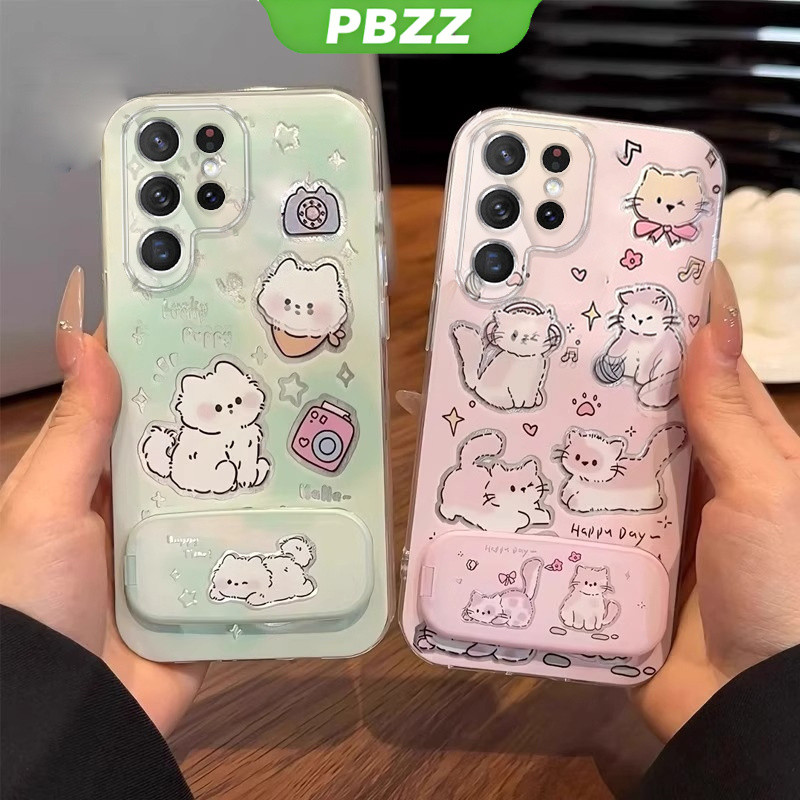 PBZZ สําหรับ samsung s24 ultra s25 s24 plus s24 FE s25 ultra 5g เคสโทรศัพท์ Softcase ซิลิโคนกันกระแทก ProtectorClear ฝาครอบใหม่ออกแบบความงาม CARTOON CAT พร้อมผู้ถือ TKYYMZJ01