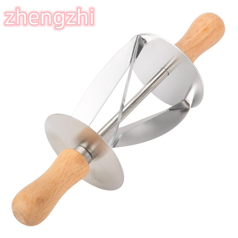 ZHENGZHI เครื่องตัดล้อแป้ง,ด้ามไม้ยาว Crossed Blade Design Croissant Rolling Cutter, สแตนเลสไม่สม่ํา