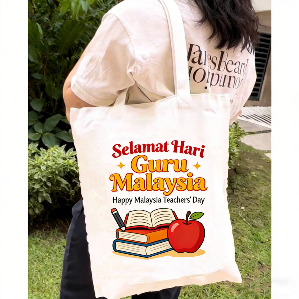 Tote Bag Selamat Hari Guru 2026, Hadiah Untuk Cikgu, Buku & Epal Design, Canvas Teachers Day Bag