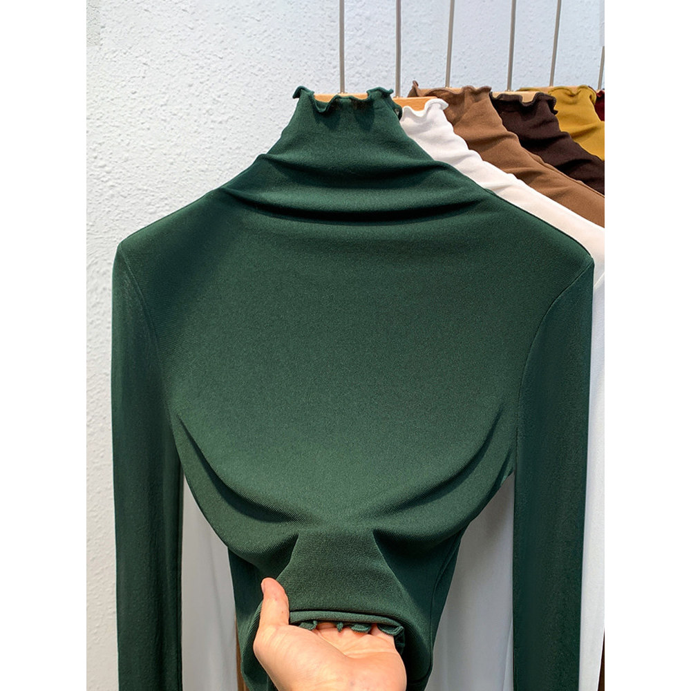 เสื้อคอเต่าผู้หญิง เสื้อคอเต่าสาวอวบ Funer Edge Ladies Long-Sleeved Top Dark Green Gauze