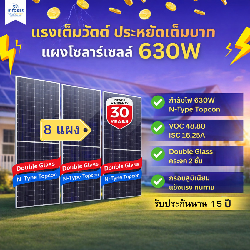INFOSAT 630W Bifacial Solar Panel ชุด 8 แผง รุ่น ERA-630W ประสิทธิภาพสูง ทนแดด ทนฝน
