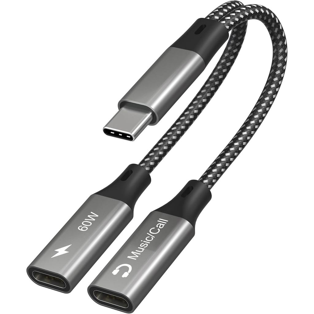 Dual USB-C Headphone and Charger Adapter - 1 in 2 out USB C Splitter with 60W Fast Charging and Audi