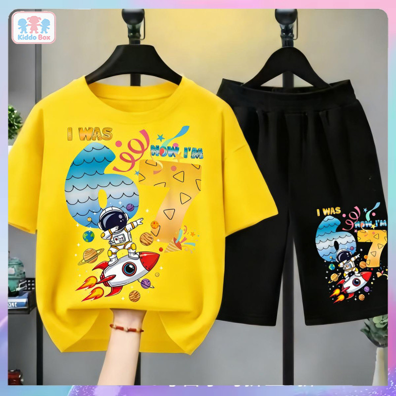 ชุดเสื้อยืดเด็กชาย เสื้อยืดเด็กชาย ชุดเสื้อเด็กชาย เสื้อยืดเด็กชายชุดสั้น ลาย I WAS NOW I'M 67 อวกาศ จรวด นักบินอวกาศ สี