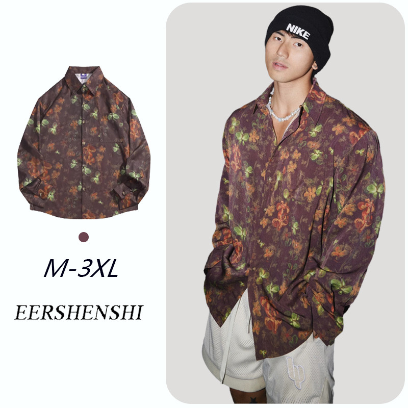 เสื้อเชิ้ตพิมพ์ลายดอกไม้ สไตล์ย้อนยุคและญี่ปุ่น แขนยาว สำหรับทั้งชายและหญิง