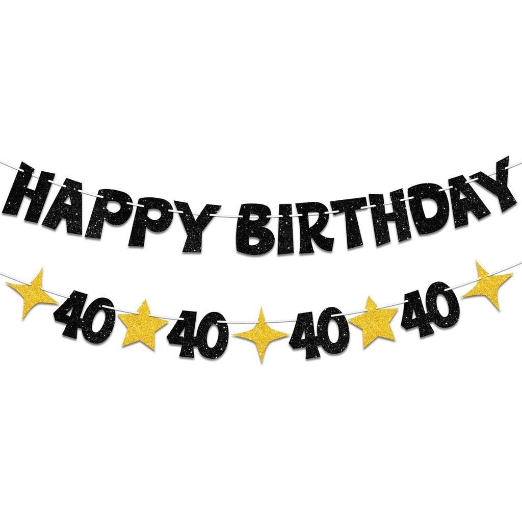 Black Gold Happy 40th Birthday Banner-Happy 40th Birthday ตกแต่งสําหรับผู้ชายผู้หญิง,Glitte 40 Birth