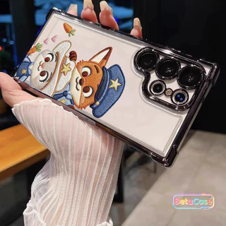 สำหรับ Samsung S25U,S24U,S23,S23U,S22,S22U,S21U,S20,S20FE เคสซัมซุง สุนัขจิ้งจอกกระต่ายคู่น่ารัก ชุบโลหะ สี่มุม กันตก