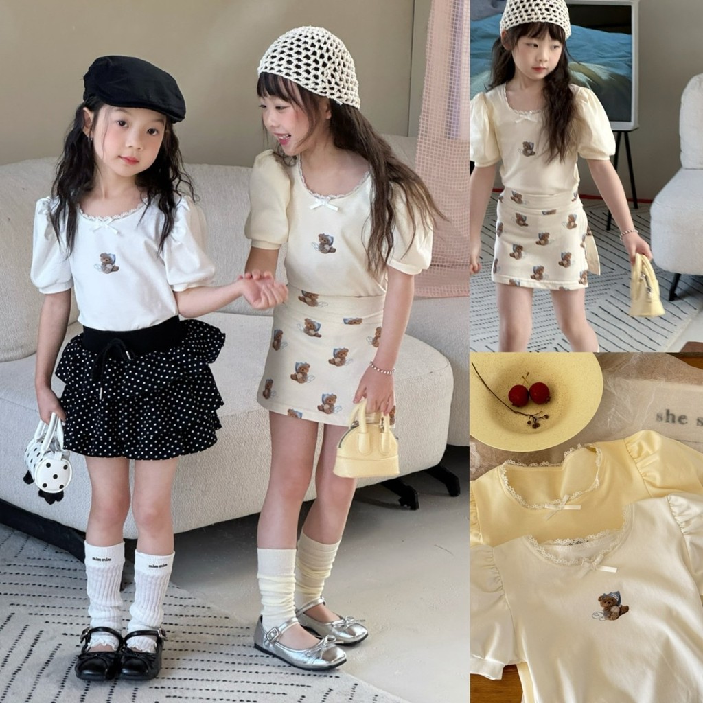 PRETTY BABY เสื้อยืดเด็ก เสื้อแขนตุ๊กตา น้องหมี กระโปรงกางเกง ลายน้องหมี แฟชั่นเด็กผู้หญิง (2075)