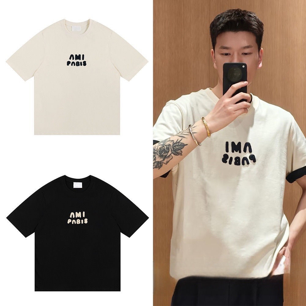 (T-Shirts) Authentic 2026 Ami Paris Simple Love Letter Summer Men's and Women's Cotton Short Sleeve 