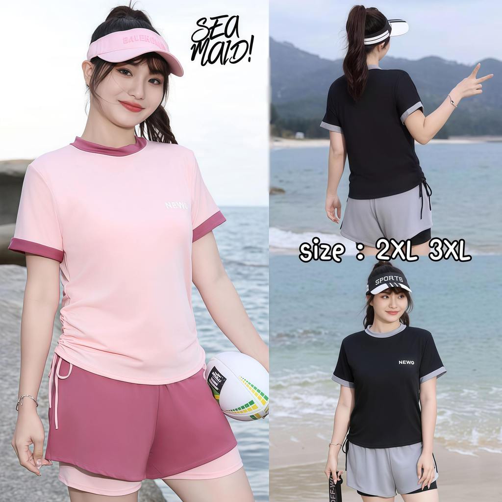SEA MAID ชุดนักกีฬาชายหาดสาวอวบ ชุดว่ายน้ำผู้หญิงชุดเดินชายหาด 🐌 มีไซส์ 2XL-3XL | น้ำหนัก 60-80 กก.Y386