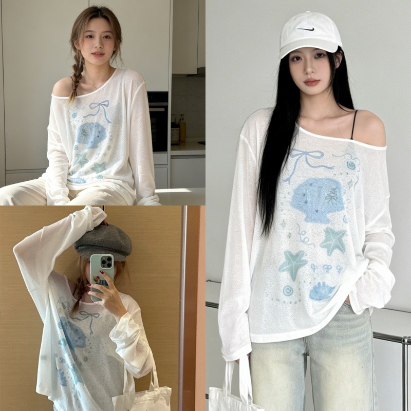 💘Bonnie💘เสื้อโอเวอร์ไซส์ ปาดไหล่ แขนยาว ลายท้องทะเล น่ารักๆ เสื้อยืด แฟชั่น สไตล์สาวเกา ใส่ได้หลายแบบ