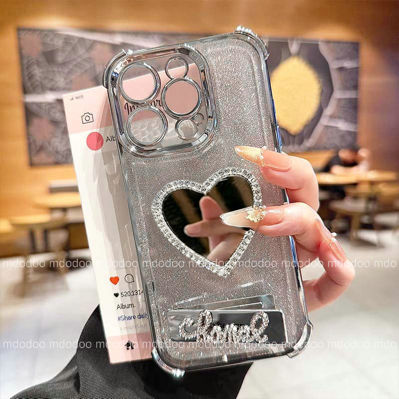 Stand เคส For VIVO V70 FE V60 V50 V40 Lite V29E V30 Pro 5G V29 V27E V27 V21 Y29S Y04 Y200 Y72 Y16 4G S1 Y19 Y56 Y36 Y27S Y12A Y20 Y20i Y20S G Y11S Y12S 2021 Heart makeup mirror Korean style Lanyard Soft Phone Back Case JD 13