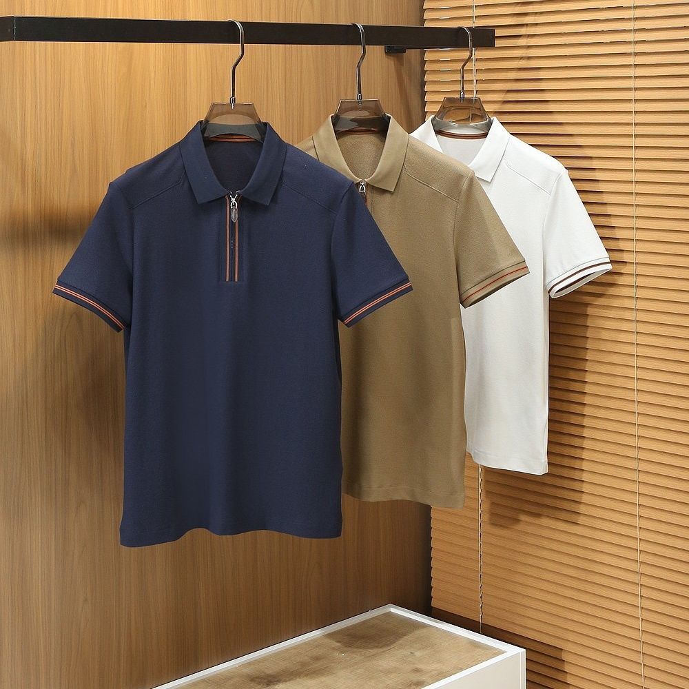 N4K5 Zegna Men's Summer Short-Sleeve Solid Color Zipper Collar POLO New Fashion for Business T Casua