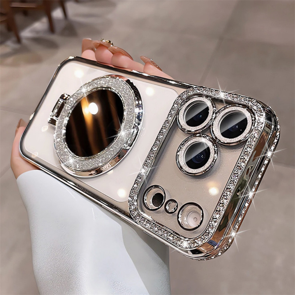 หรูหราแฟลชเพชรกระจกยืนเคสโทรศัพท์สําหรับ ไอโฟน 18 มือโปร สูงสุด 17 16 13 14 15 มือโปร สูงสุด รวมทุกอย่างกล้องเลนส์ป้องกัน ทีพียู นิ่มเคสโทรศัพท์ฝาครอบป
