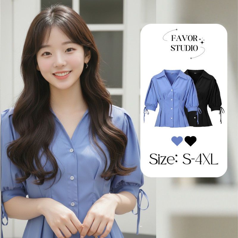 S-4XL เสื้อเชิ้ตคอปกดีไซน์จับจีบเข้ารูป แขนตุ๊กตาผูกโบว์ปลายแขน งานจีบเอวเป๊ะ สวยละมุนสไตล์ลูกคุณ สินค้าใหม่พร้อมส่ง