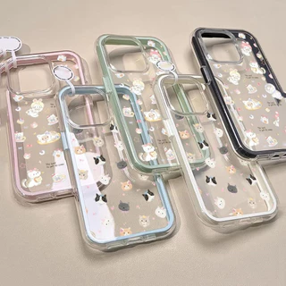 นิ่ม 2in1 สีแคนดี้ เข้ากันได้สำหรับ เคสไอโฟน11 สำหรับ iphone 16 Pro Max 7Plus XR 12 13 14 15 ลูกแมวน่ารักกับโบว์
