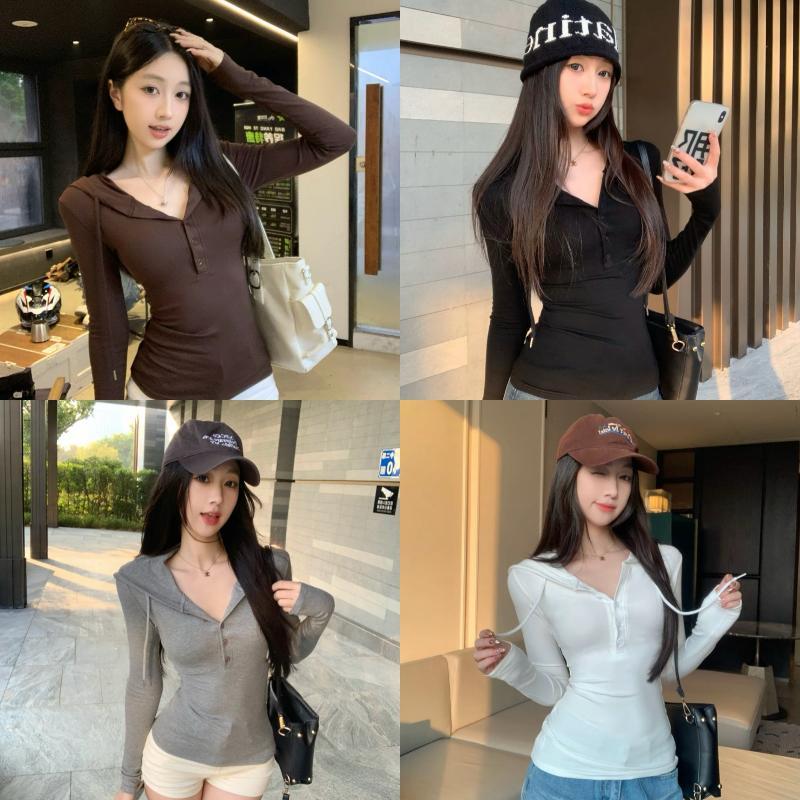 เสื้อฮู้ดดี้ผู้หญิง สไตล์อเมริกัน รัดรูป แขนยาว ลายวิวิซินิมอล ดีไซน์เก๋ไก๋ มีกระดุมและตัดทรงเอวอิน