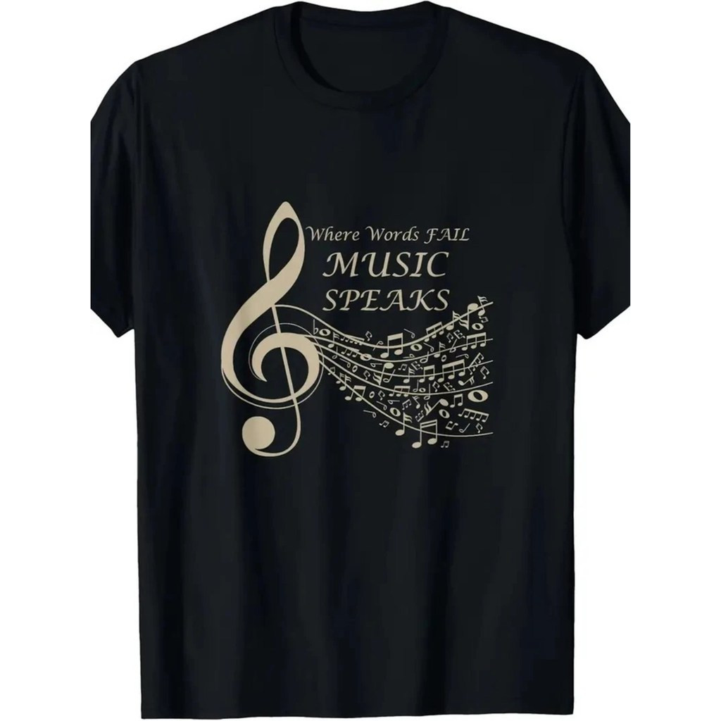 ผู้ชาย เสื้อยืดกราฟิกผ้าฝ้าย Music Speaks สีดำ แขนสั้นแบบสบาย พร้อมโน้ตดนตรีที่มีคำ