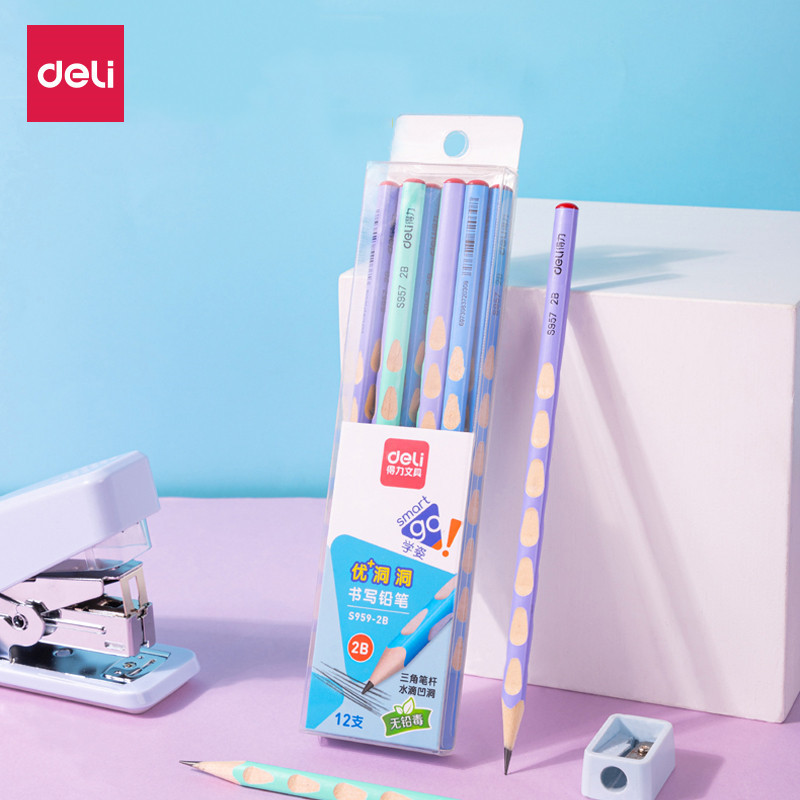 กบเหลาดินสอ ดินสอ 2b Deli S959 Triangle Rod ดินสอสีปากกาหลุมสําหรับเด็กนักเรียนชั้นประถมศึกษา HB/2B 