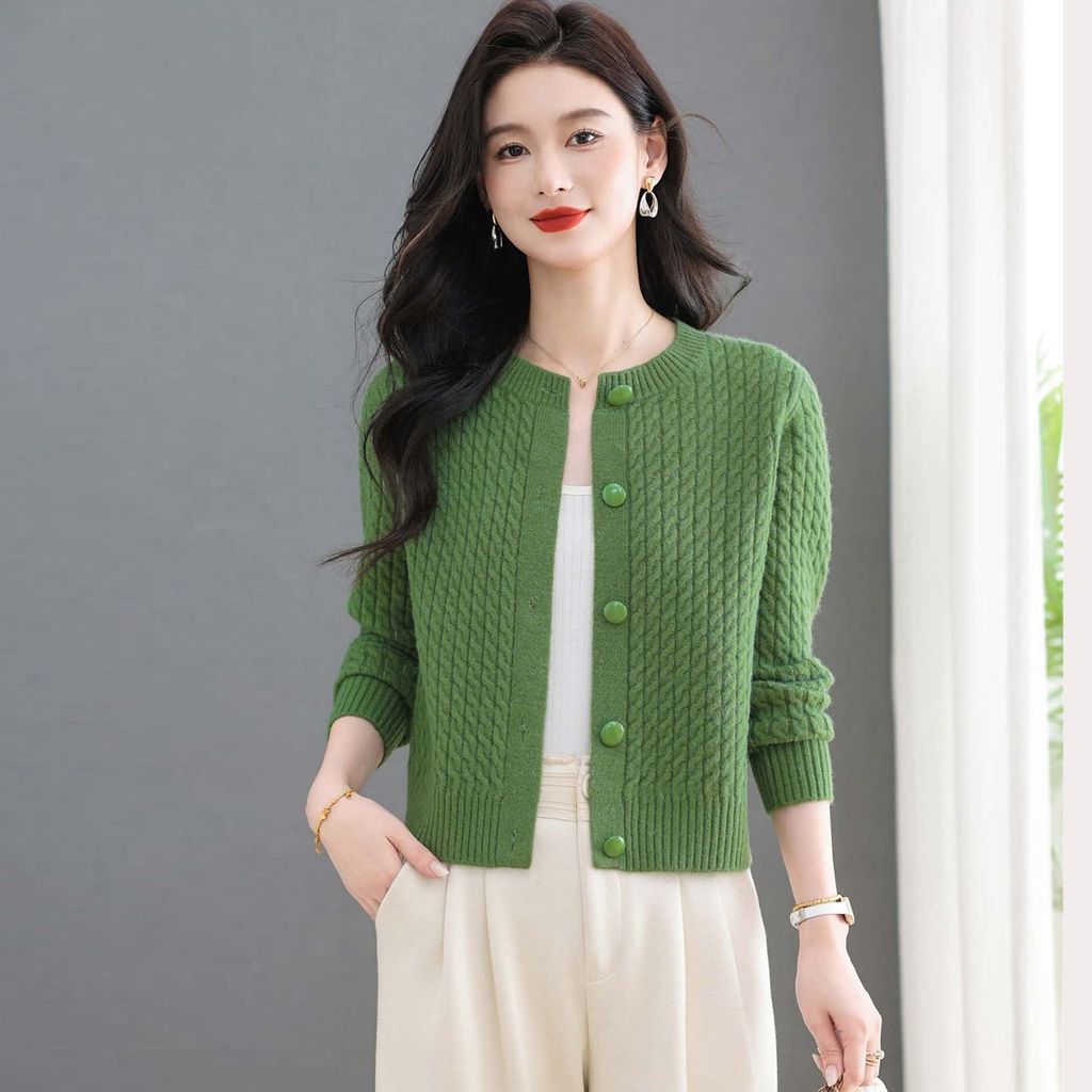 ปลาค็อด สั้นฤดูใบไม้ร่วงฤดูหนาวรูปแบบใหม่ขนาดเล็กถักคาร์ดิแกนเสื้อกันหนาวผู้หญิงหลวมรอบคอสไตล์ตะวันต