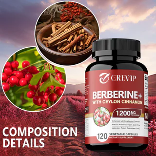 อาหารเสริม GREEP Berberine - พรีเมี่ยม Berberine Hydrochloride 1200 มก. เสริมอบเชย Ceylon 30/60/120 แคปซูล Made in USA Non-GMO ปราศจากกลูเตน