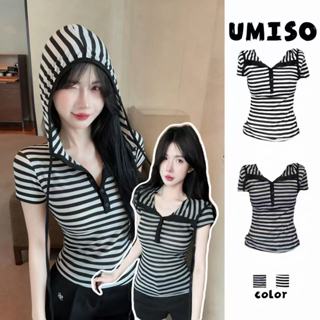 ส่งไวจากไทย เสื้อยืดผู้หญิง 2สี ลําลอง ลายทาง มีฮู้ด สไตล์วิ…