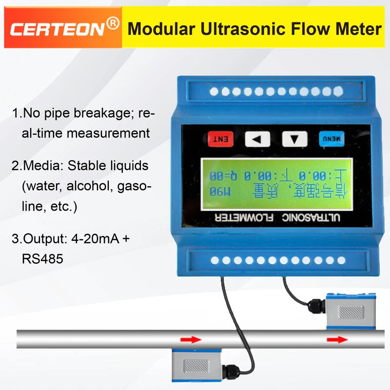 TUF‐2000M Modular Ultrasonic Flow Meter Clamp-on Liquid Water Flow Transmitter 4-20mA RS485 Modbus O