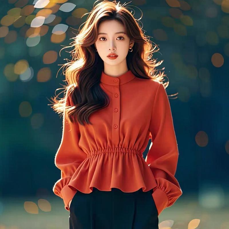 COD 2026 Audreys Store ยี่ห้อ Pick-up สีส้มครึ่งคอปกสูงแคบ-เอว Ruffled เสื้อหรูหรา High-End Top ผู้ห