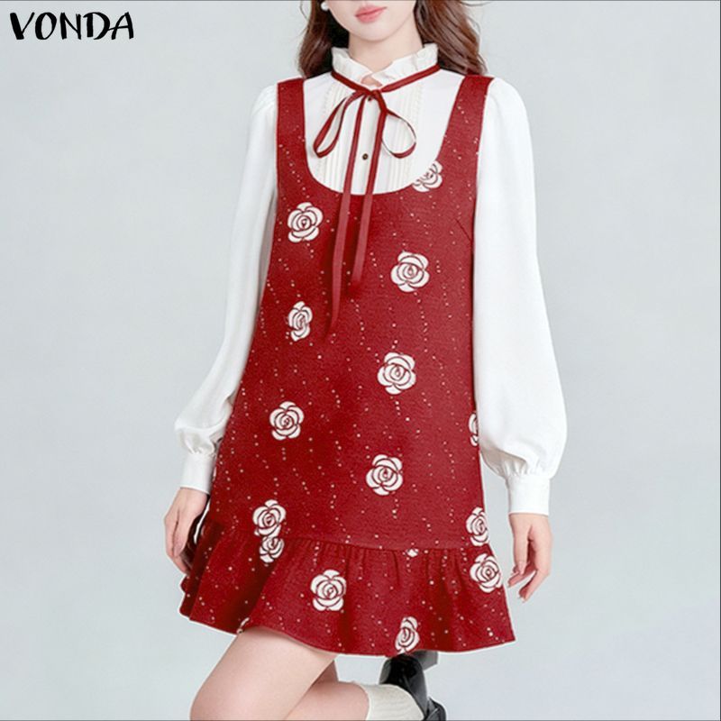 VONDA ผู้หญิงเกาหลี Girlish Stand-Up Collar, แขนยาว, ตัดแต่งหูสีดํา, กุทัณฑ์สีตัดกันและจีบดอกไม้ชุดปลอมสองชิ้น — صورة 5