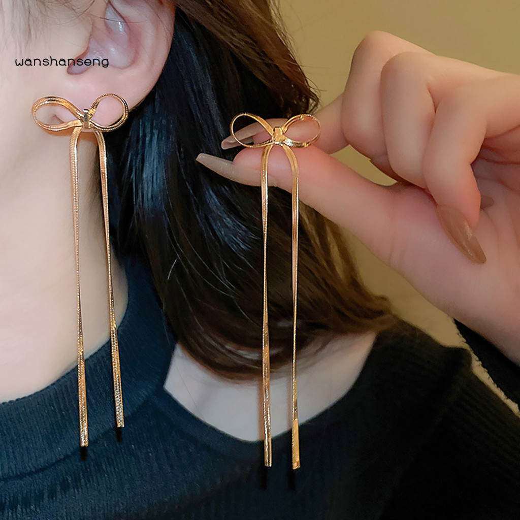 WSG_ ผู้หญิงอินเทรนด์ Drop ต่างหูโบว์พู่ต่างหู Elegant Bow Choker สร้อยคอและพู่ยาว Drop ต่างหูชุดผู้