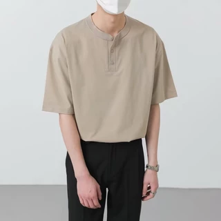 💥BecoolMan💥เสื้อยืดวินเทจสไตล์ญี่ปุ่น เสื้อคอปก Henry ทรงหลวม ลำลอง สีล้วน เรียบง่ายแมทช์ง่าย