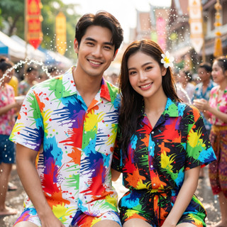 2026 ใหม่สงกรานต์ไทยเสื้อฮาวายกางเกงขาสั้นชุดจับคู่ชุดคู่แห้…