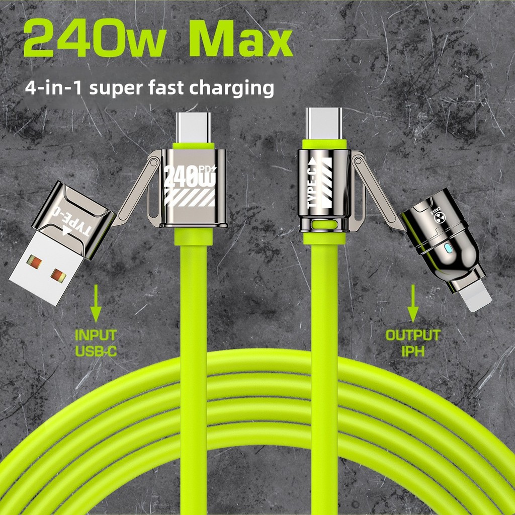 สายชาร์จเร็ว 4 ใน 1 240W หัวโลหะผสมสังกะสี สไตล์เมคา ซิลิโคน เหมาะสำหรับโทรศัพท์มือถือทุกชนิด