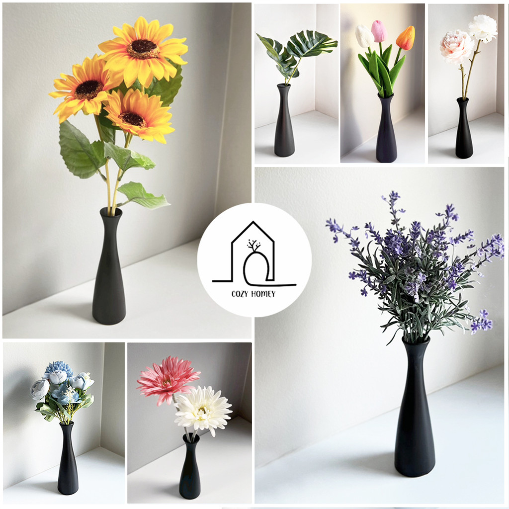 ชุดแจกันเซรามิก ทรงสูงสีดำ พร้อมดอกไม้ ตกแต่งบ้าน | Flower Vase - Cozy Homey