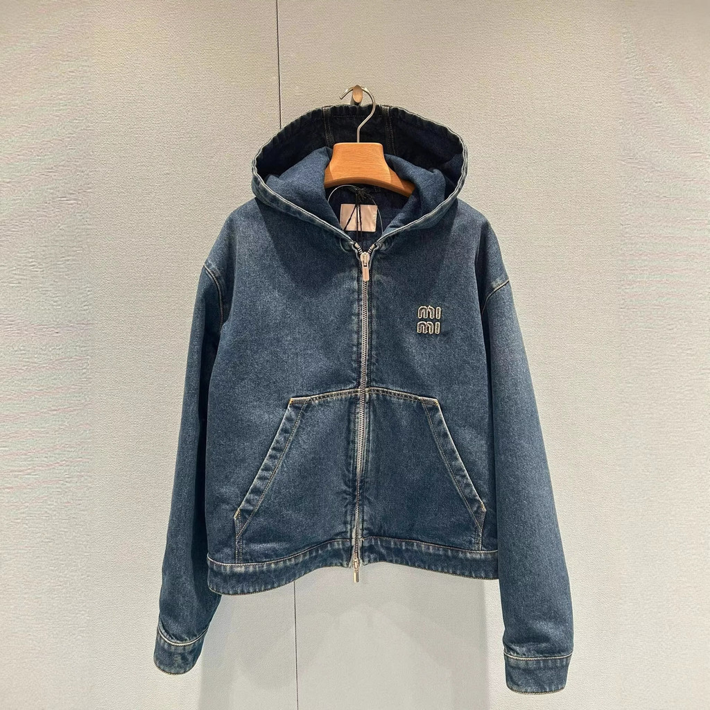 Z0E1 MIUMIU Hooded Embroidered Solid Color Long Sleeve Zipper Denim Jacket Unisex